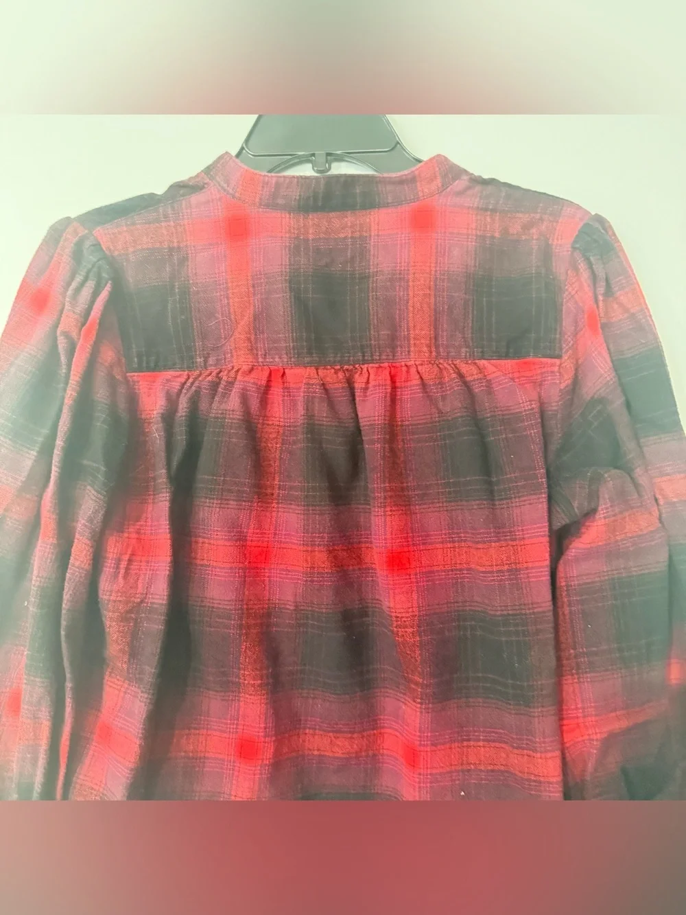 Banana Republic Red Black Plaid Volume Sleeve Flannel Bottom-Front Top